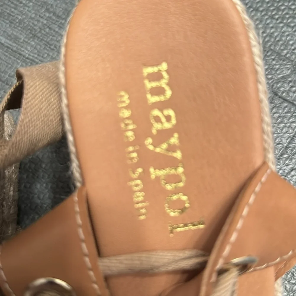 Maypol Shoe Size 40 Tan Raffia Leather Open Toe Wedge Wrap Ankle Strap Shoes
